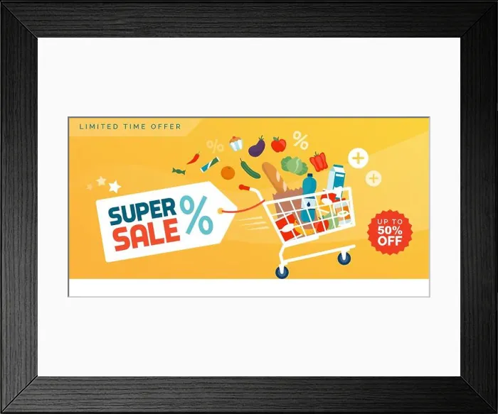 Framed Print : Grocery shopping promotional sale advertisement: fast shopping cart full of fresh colorful food Framed Print : Grocery shopping promotional sale advertisement: fast shopping cart full of fresh colorful food