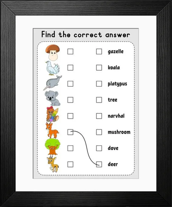 Framed Print : Matching game for kids. Learn English words. Education developing worksheet. Color activity page. Cartoon character