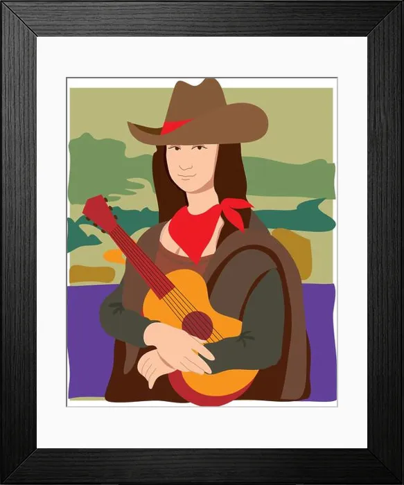 Framed Print : The Mona Lisa dressed as a cowgirl wearing a cowboy hat, a bandana and holding a guitar Framed Print : The Mona Lisa dressed as a cowgirl wearing a cowboy hat, a bandana and holding a guitar
