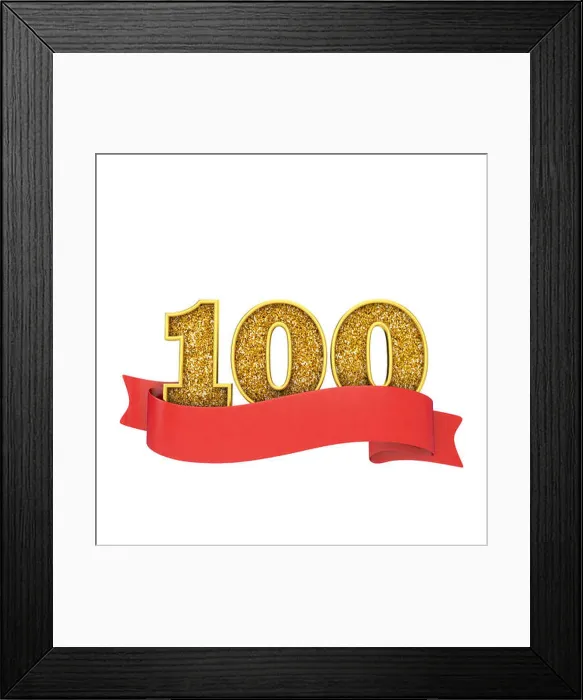 Framed Print : Number 100 gold glitter celebration with a red scroll banner. 3D Render Framed Print : Number 100 gold glitter celebration with a red scroll banner. 3D Render