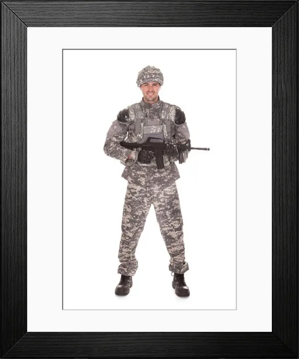 Framed Print : Soldier Holding Rifle Isolated Over White Background Framed Print : Soldier Holding Rifle Isolated Over White Background