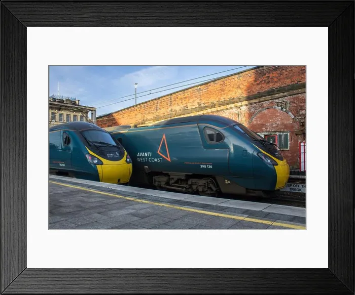 Framed Print : 390136 with 390009 at Preston railway station. Saturday 09th April 2022 Framed Print : 390136 with 390009 at Preston railway station. Saturday 09th April 2022