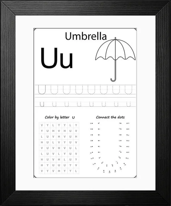 Framed Print : letter U. Alphabet letter. Worksheet. Task for kids. learning letters Framed Print : letter U. Alphabet letter. Worksheet. Task for kids. learning letters