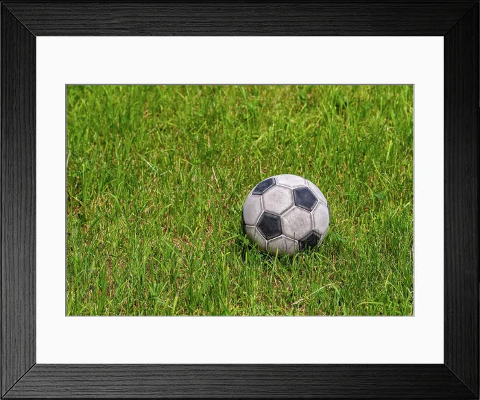 Framed Print : Old leather soccer ball on green grass with copy space, football sport concept