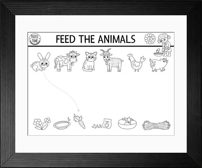 Framed Print : Black and white farm matching activity with animals Framed Print : Black and white farm matching activity with animals