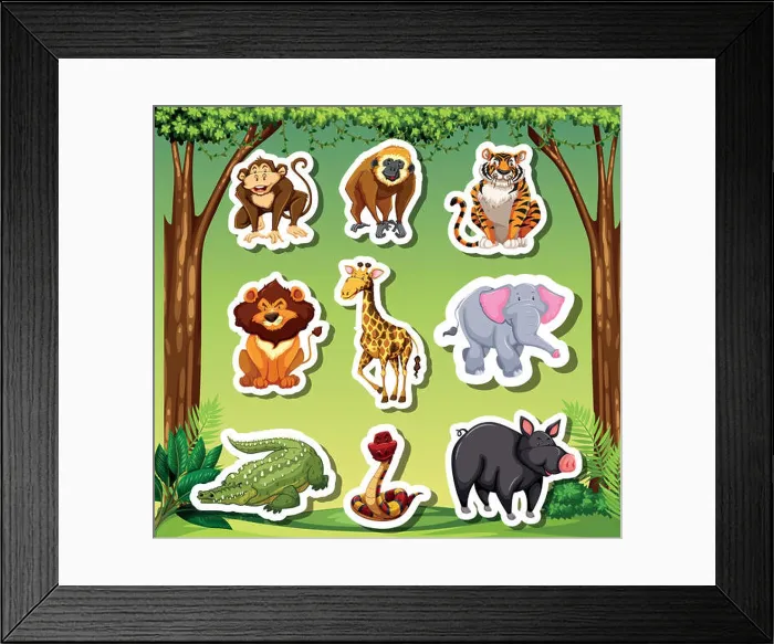 Framed Print : Many animals sticket in jungle background Framed Print : Many animals sticket in jungle background