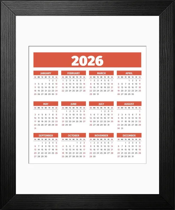 Framed Print : 2026 Simple vector calendar. Weeks start on Sunday Framed Print : 2026 Simple vector calendar. Weeks start on Sunday