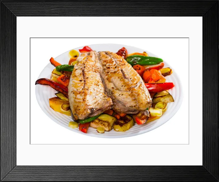 Framed Print : Grilled assorted vegetables served with baked mackerel - traditional Bulgarian Plakiya. Isolated over white background Framed Print : Grilled assorted vegetables served with baked mackerel - traditional Bulgarian Plakiya. Isolated over white background