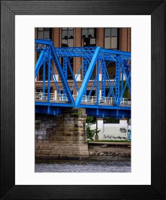 Framed Print : A vertical shot of a bright blue bridge in Downtown Grand Rapids Framed Print : A vertical shot of a bright blue bridge in Downtown Grand Rapids