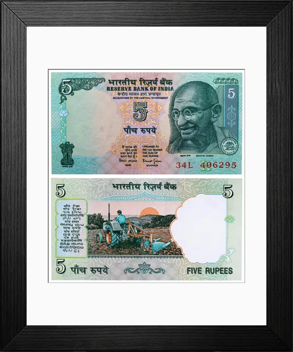 Framed Print : 5 rupees banknote, Mahatma Gandhi, Farmer ploughing with a tractor, India, 2002 Framed Print : 5 rupees banknote, Mahatma Gandhi, Farmer ploughing with a tractor, India, 2002