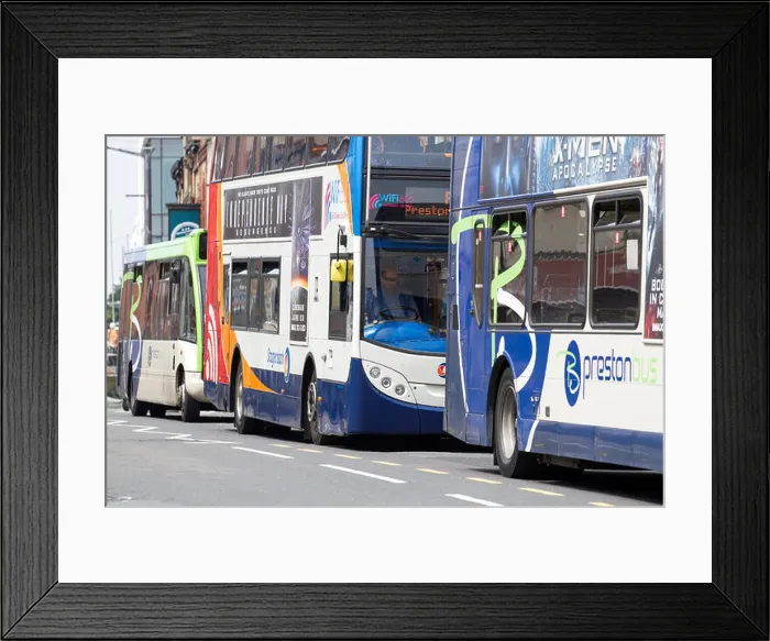 Framed Print : Buses in a row in Preston City centre, Lancashire, UK Framed Print : Buses in a row in Preston City centre, Lancashire, UK
