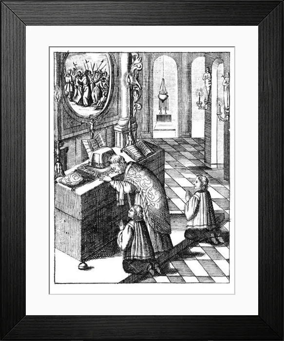 Framed Print : Antique vintage religious engraving or drawing of praying priest and two altar boys in church celebrating mass Framed Print : Antique vintage religious engraving or drawing of praying priest and two altar boys in church celebrating mass