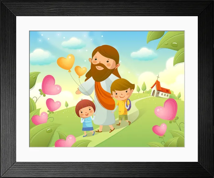 Framed Print : Jesus Christ walking with two children Framed Print : Jesus Christ walking with two children
