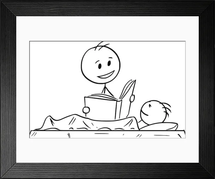 Framed Print : Cartoon of Father Reading Bedtime Story or Book to Son Framed Print : Cartoon of Father Reading Bedtime Story or Book to Son