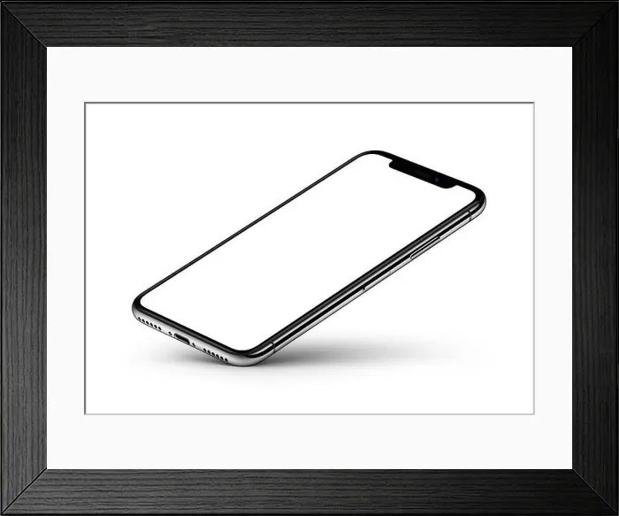 Framed Print : iPhone X. Perspective view smartphone mockup with blank screen rests on one corner Framed Print : iPhone X. Perspective view smartphone mockup with blank screen rests on one corner