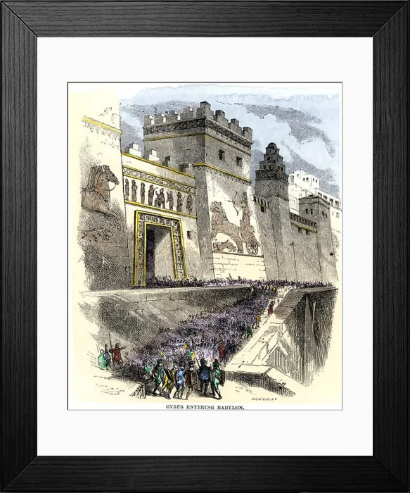 Framed Print : Cyrus the Great and Persian army entering Babylon 539 BC. Hand-colored woodcut Framed Print : Cyrus the Great and Persian army entering Babylon 539 BC. Hand-colored woodcut