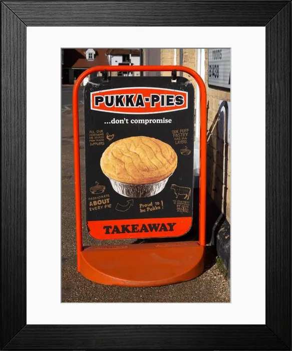 Framed Print : Pukka-Pies Takeaway sign outside chip shop, Wickham Market, Suffolk, England, UK Framed Print : Pukka-Pies Takeaway sign outside chip shop, Wickham Market, Suffolk, England, UK