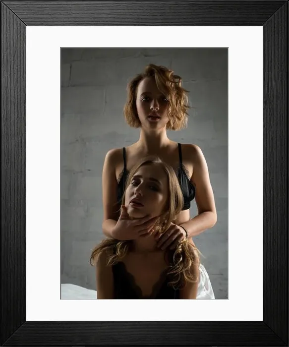 Framed Print : Two sexy girls in lingerie against brick wall Framed Print : Two sexy girls in lingerie against brick wall