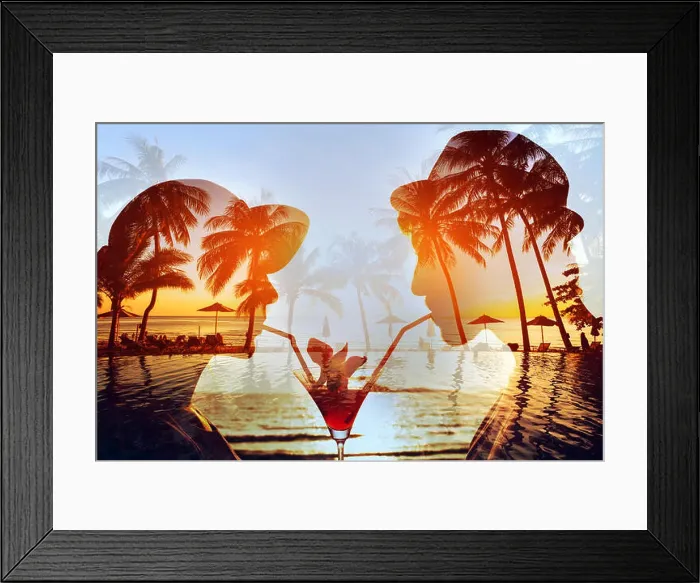 Framed Print : party time double exposure, silhouette of happy couple drinking cocktail together on the beach Framed Print : party time double exposure, silhouette of happy couple drinking cocktail together on the beach