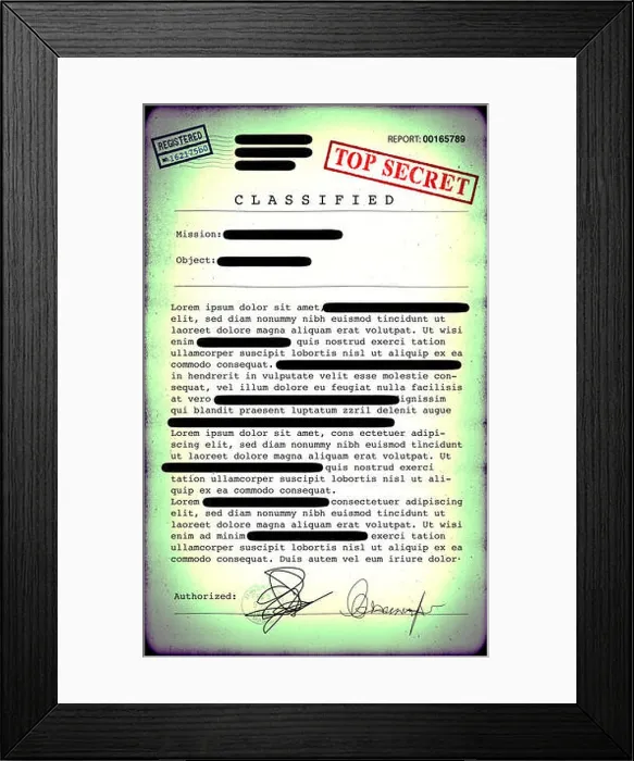 Framed Print : Top secret document, declassified Framed Print : Top secret document, declassified