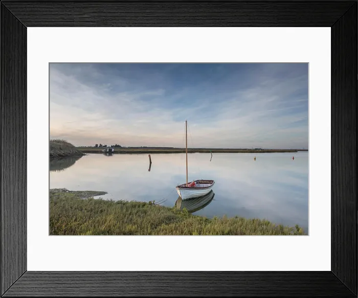 Framed Print : Clouds and a small boat reflected in the still water at Walton & Frinton Yacht Club, Walton on the Naze, Essex, UK Framed Print : Clouds and a small boat reflected in the still water at Walton & Frinton Yacht Club, Walton on the Naze, Essex, UK