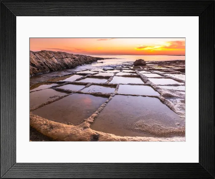 Framed Print : Salt pans at beach in Marsaskala, Malta at sunrise Framed Print : Salt pans at beach in Marsaskala, Malta at sunrise