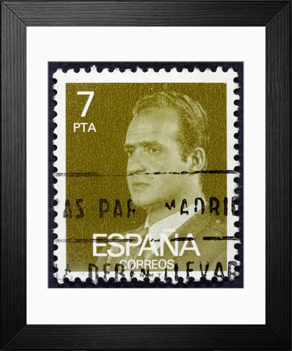 Framed Print : SPAIN - CIRCA 1976: A stamp printed in Spain shows a portrait of King Juan Carlos I of Spain without inscription Framed Print : SPAIN - CIRCA 1976: A stamp printed in Spain shows a portrait of King Juan Carlos I of Spain without inscription
