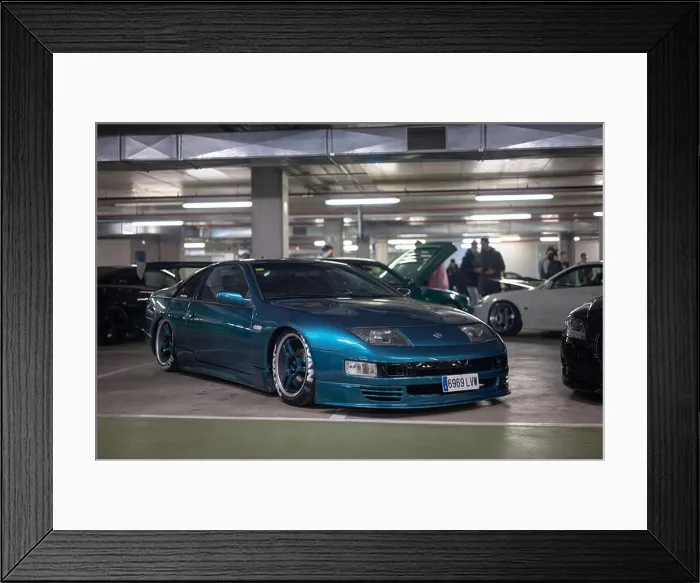 Framed Print : Front view of a classic Japanese sports car Nissan 300ZX Z32 in blue color