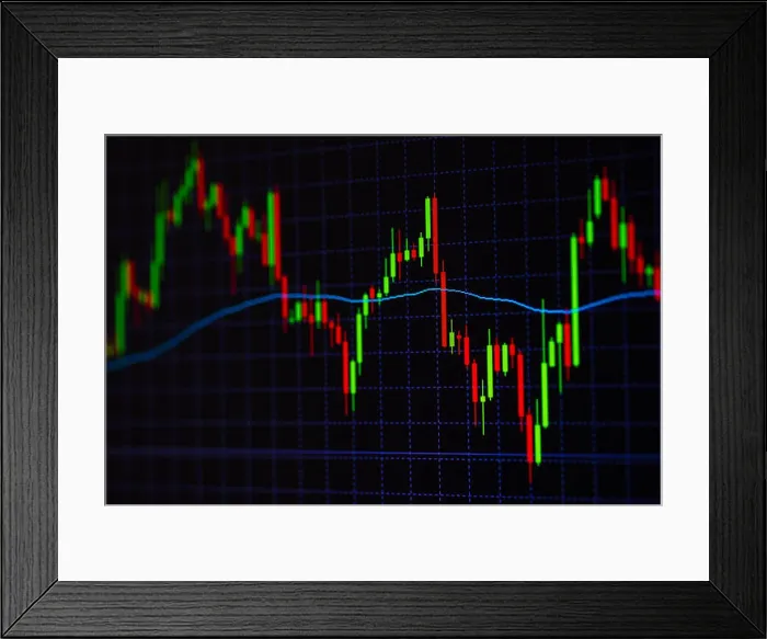 Framed Print : Candle stick graph chart with indicator showing bullish point or bearish point Framed Print : Candle stick graph chart with indicator showing bullish point or bearish point