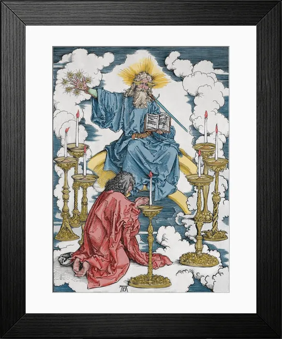 Framed Print : St. John vision of Christ and the 7 candlesticks. Apocalypse. Woodcut by Albrecht Durer. 1498 Framed Print : St. John vision of Christ and the 7 candlesticks. Apocalypse. Woodcut by Albrecht Durer. 1498