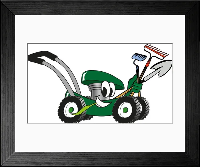 Framed Print : Cartoon Lawn Mower Holding Lawn Maintenance Tools Framed Print : Cartoon Lawn Mower Holding Lawn Maintenance Tools
