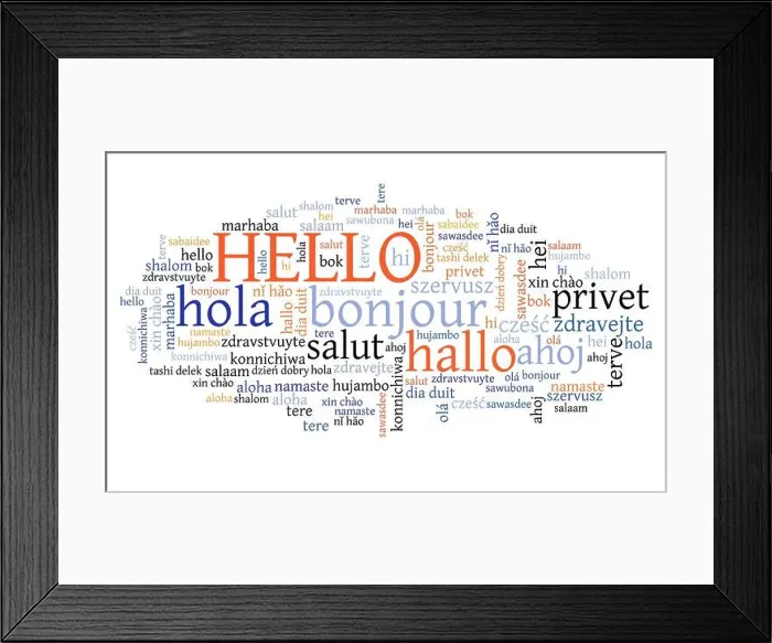 Framed Print : Hello word translated in different languages. Hello international translation text collage Framed Print : Hello word translated in different languages. Hello international translation text collage