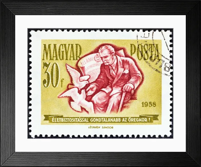 Framed Print : HUNGARY - CIRCA 1958: A stamp printed in Hungary from the 'Savings Campaign' issue shows old man feeding pigeons Framed Print : HUNGARY - CIRCA 1958: A stamp printed in Hungary from the 'Savings Campaign' issue shows old man feeding pigeons