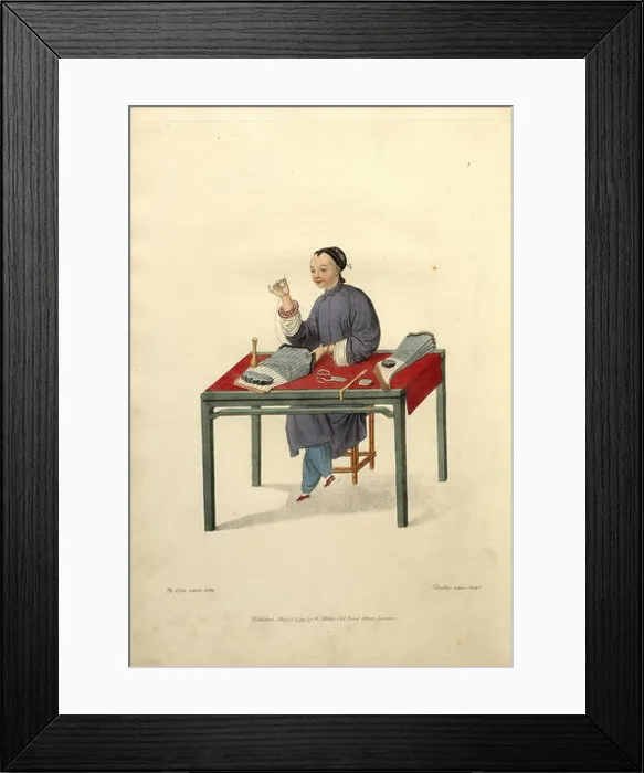Framed Print : A woman making stockings, The costume of China