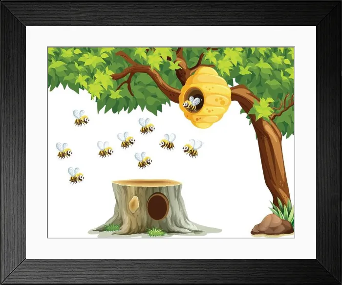 Framed Print : Bees flying around beehive on the tree illustration Framed Print : Bees flying around beehive on the tree illustration