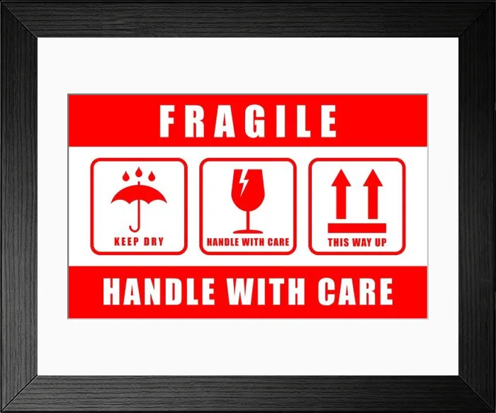 Framed Print : Fragile sticker icon symbol. Handle with care logo sign Framed Print : Fragile sticker icon symbol. Handle with care logo sign
