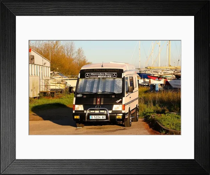 Framed Print : Vintage Mercedes Benz MB 100 camper van in black Framed Print : Vintage Mercedes Benz MB 100 camper van in black