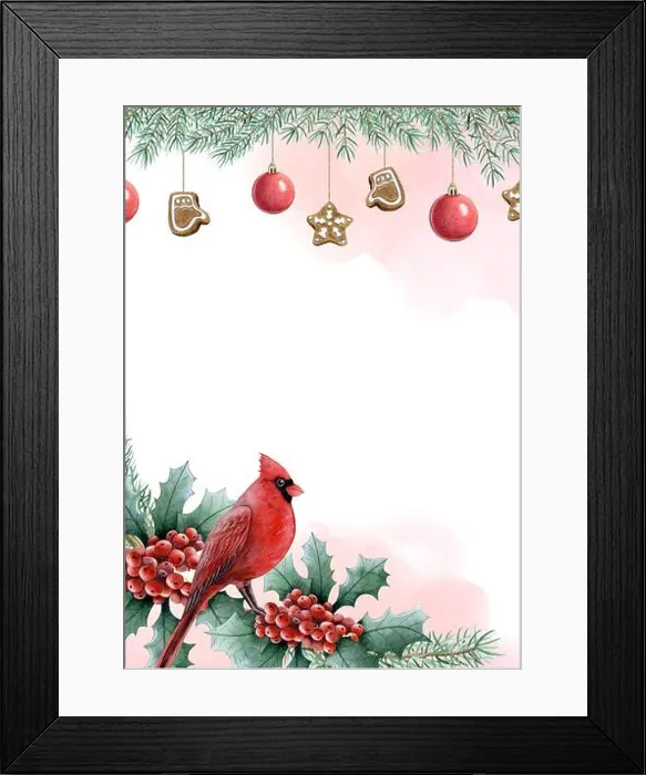Framed Print : Vertical Christmas greeting card template with red cardinal bird, holly berries and pine branches with decoration Framed Print : Vertical Christmas greeting card template with red cardinal bird, holly berries and pine branches with decoration