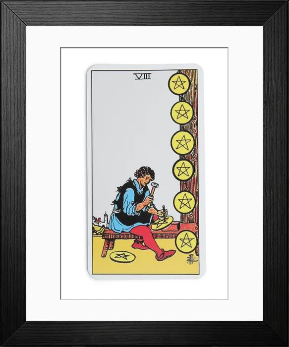 Framed Print : Eight of Pentacles isolated on white. Tarot card Framed Print : Eight of Pentacles isolated on white. Tarot card