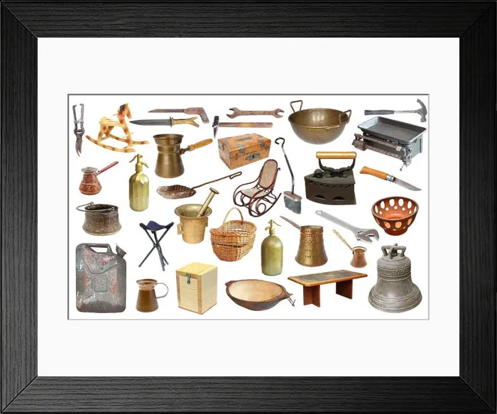 Framed Print : collage with very old objects isolated over white background Framed Print : collage with very old objects isolated over white background
