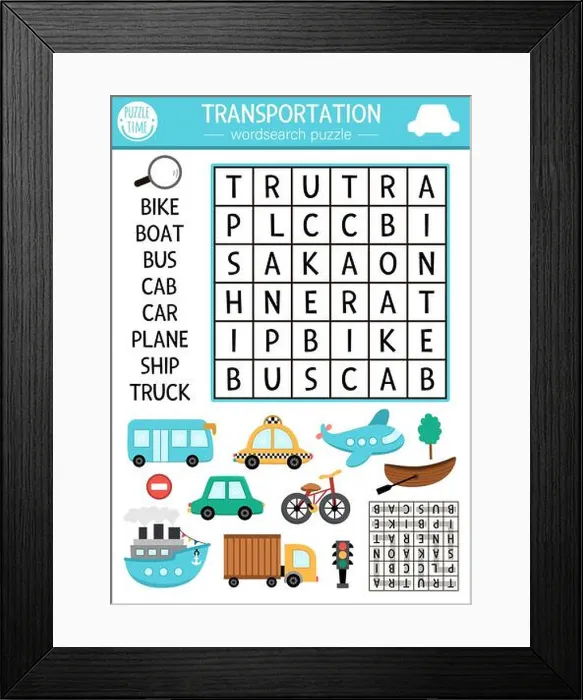Framed Print : Vector transportation wordsearch puzzle for kids Framed Print : Vector transportation wordsearch puzzle for kids