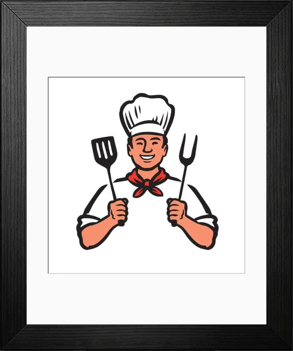 Framed Print : Cartoon Chef cook grilling steak, cooking fresh food. Barbecue vector illustration Framed Print : Cartoon Chef cook grilling steak, cooking fresh food. Barbecue vector illustration