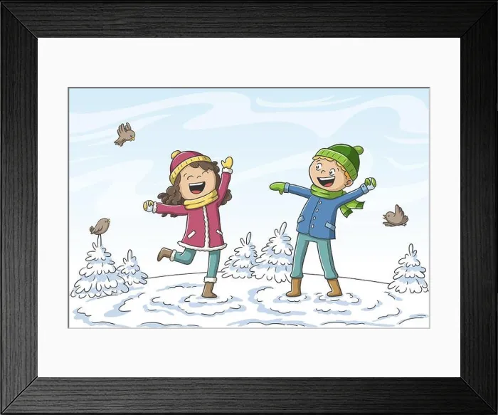Framed Print : Two kids playing in the snow. Hand drawn vector illustration with separate layers Framed Print : Two kids playing in the snow. Hand drawn vector illustration with separate layers
