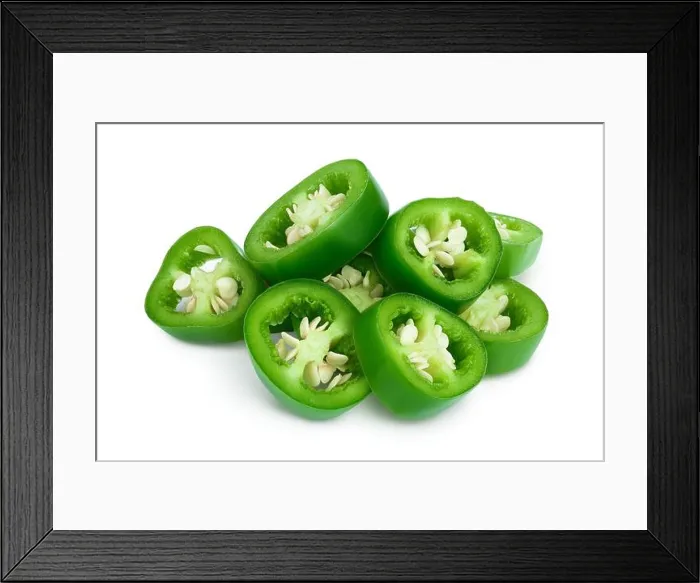 Framed Print : sliced jalapeno pepper isolated on white background. Green chili pepper with clipping path and full depth of field Framed Print : sliced jalapeno pepper isolated on white background. Green chili pepper with clipping path and full depth of field