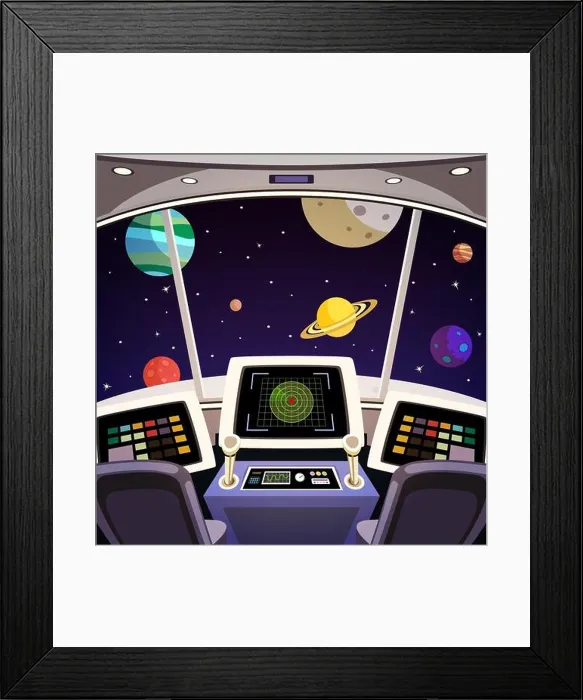 Framed Print : Flying spaceship cabin futuristic interior cartoon with space backdrop vector illustration Framed Print : Flying spaceship cabin futuristic interior cartoon with space backdrop vector illustration