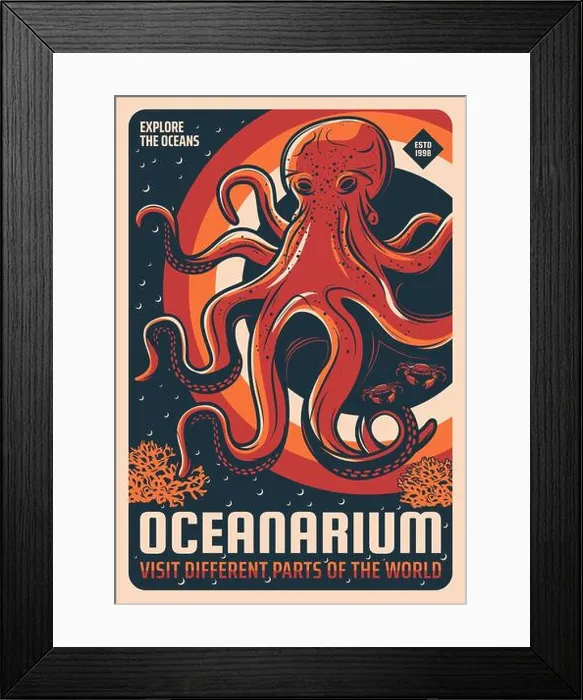 Framed Print : Oceanarium aquarium giant pacific octopus retro poster Framed Print : Oceanarium aquarium giant pacific octopus retro poster