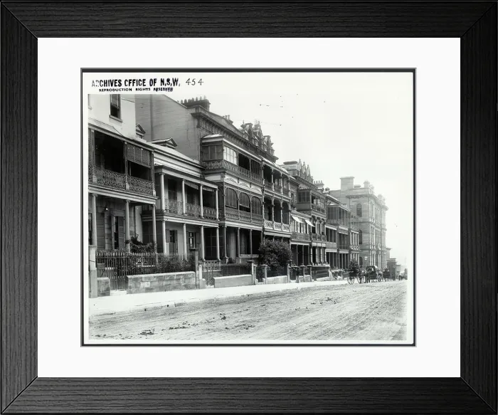 Framed Print : This black-and-white image showcases terrace houses on Macquarie Street in Sydney Framed Print : This black-and-white image showcases terrace houses on Macquarie Street in Sydney