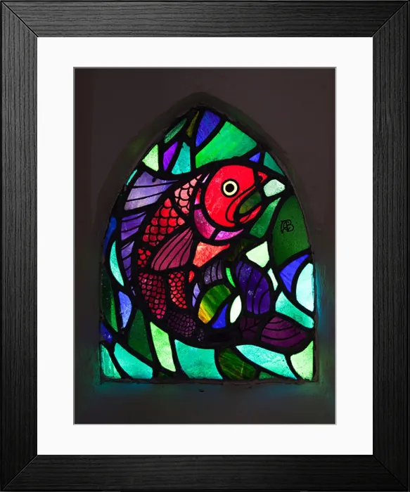 Framed Print : Fish Window stained glass by Theodore Baily made in the 1920s St David's Church Caldey Island Wales UK Framed Print : Fish Window stained glass by Theodore Baily made in the 1920s St David's Church Caldey Island Wales UK