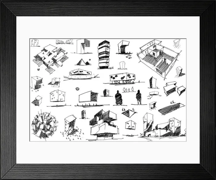 Framed Print : many hand drawn architectectural sketches of a modern abstract architecture nad geometric objects and urban ideas Framed Print : many hand drawn architectectural sketches of a modern abstract architecture nad geometric objects and urban ideas