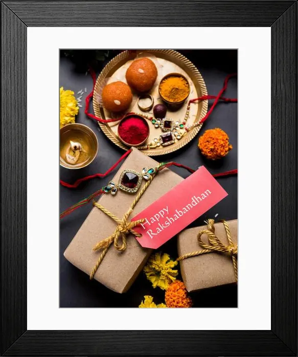Framed Print : Raksha Bandhan / Rakshabandhan Rakhi with Haldi Kumkum rice, sweet Mithai, Gift Box, selective focus Framed Print : Raksha Bandhan / Rakshabandhan Rakhi with Haldi Kumkum rice, sweet Mithai, Gift Box, selective focus
